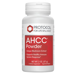 Protocol for Life Balance AHCC powder bottle closeup, highlighting immune support potential