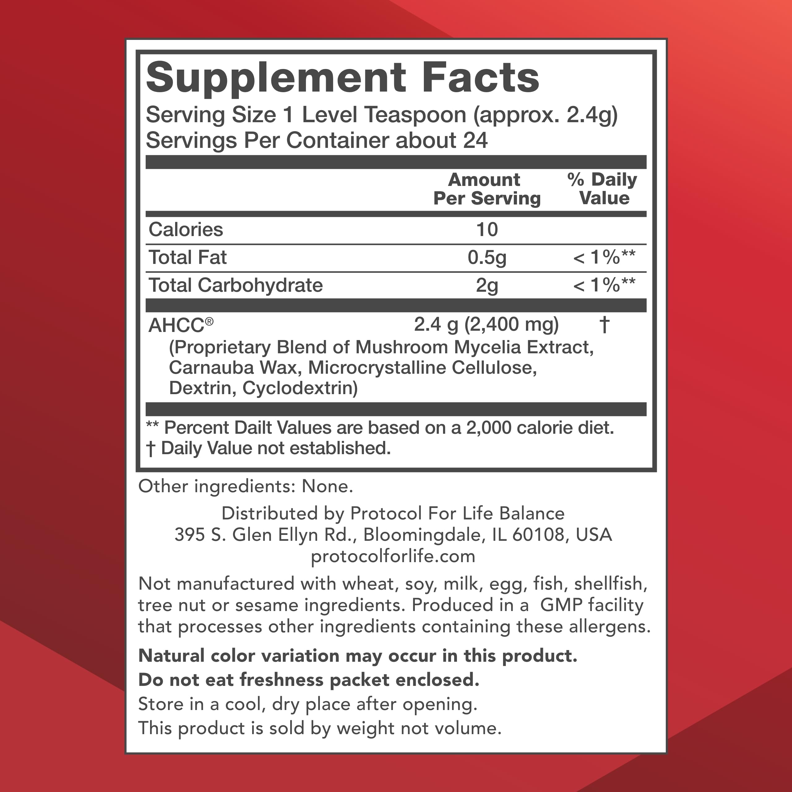 Protocol for Life Balance AHCC powder packaging shows vegan and dairy-free formulation