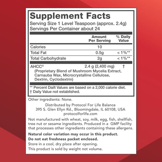 Protocol for Life Balance AHCC powder packaging shows vegan and dairy-free formulation