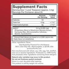 Protocol for Life Balance AHCC powder packaging shows vegan and dairy-free formulation