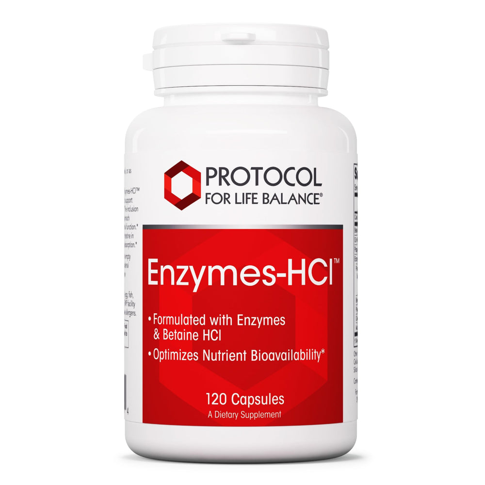 Protocol for Life Balance Enzymes-HCl bottle label showing a full-spectrum digestive enzyme blend.