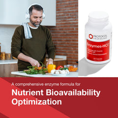 Protocol for Life Balance Enzymes-HCl bottle side view highlights dosage details.