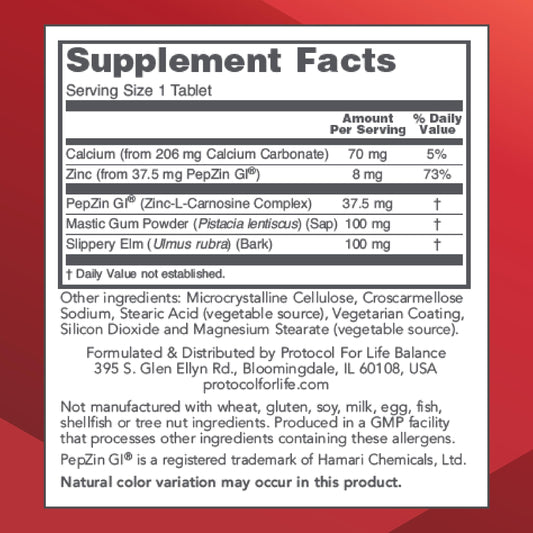Close-up of PROTOCOL FOR LIFE BALANCE GI Guard capsules in bottle for daily digestive support.