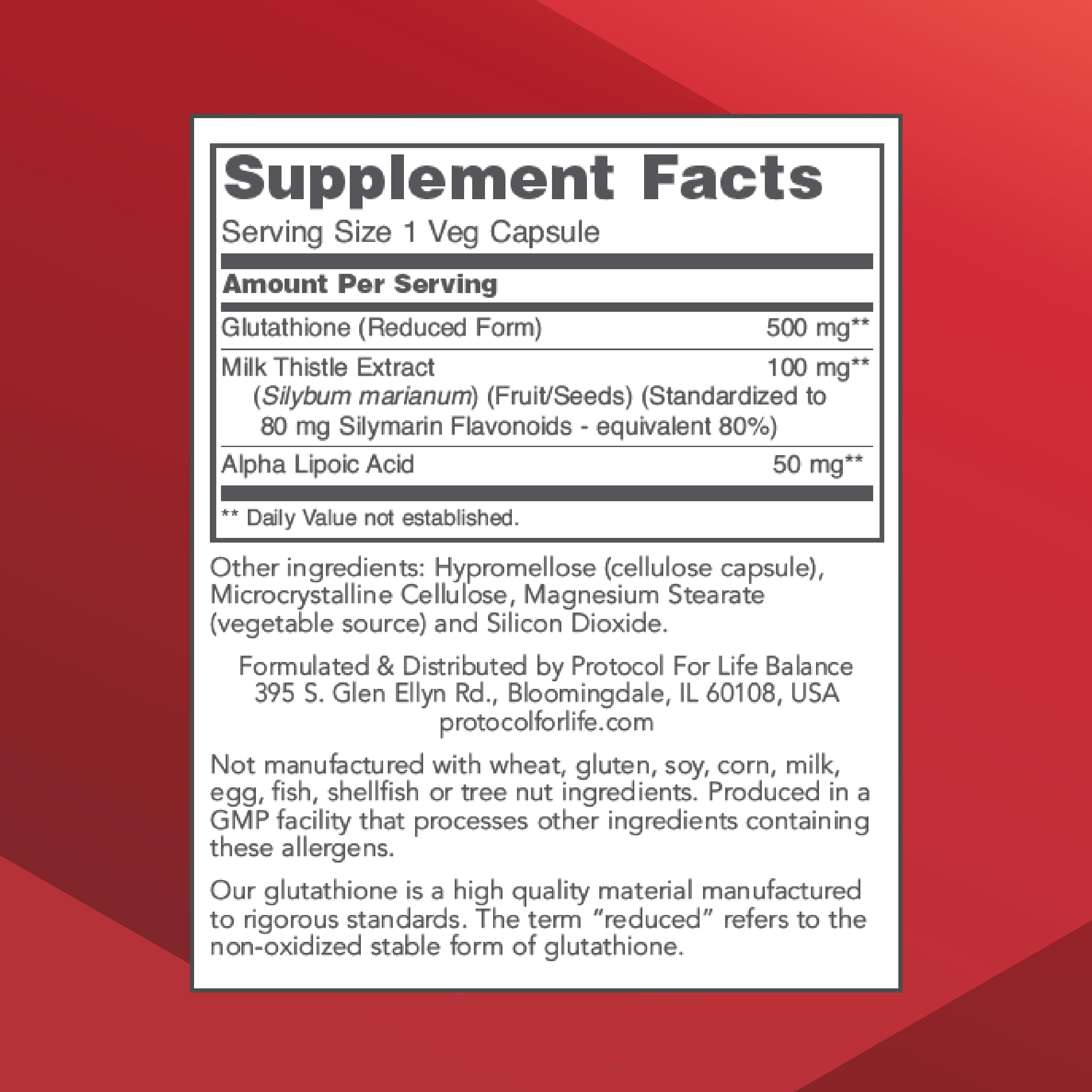 PROTOCOL FOR LIFE BALANCE glutathione 500mg capsules close-up showing vegan formulation.