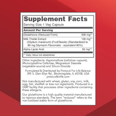 PROTOCOL FOR LIFE BALANCE glutathione 500mg capsules close-up showing vegan formulation.
