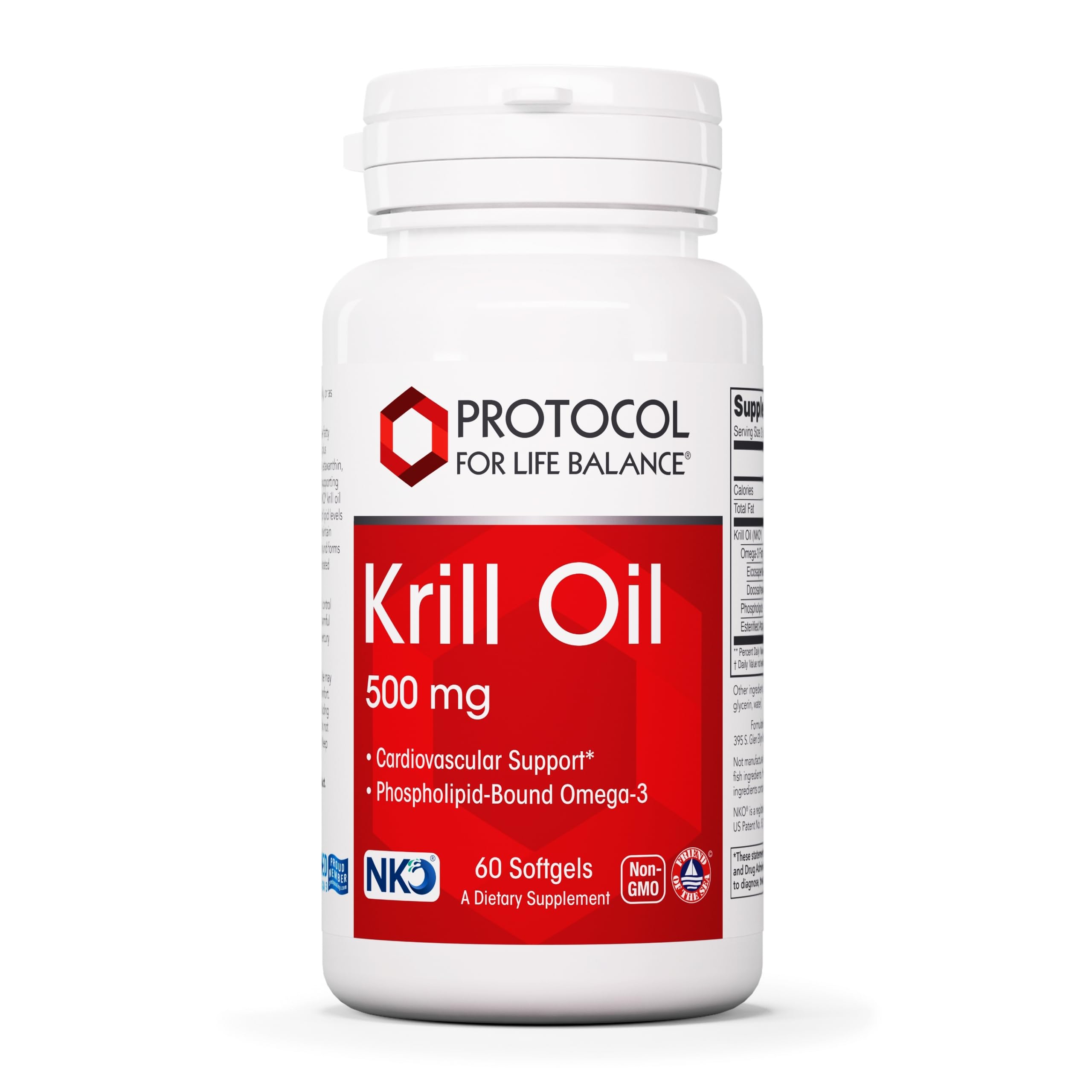 Protocol for Life Balance Krill Oil softgel bottle on counter for potential heart support