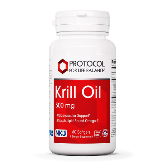 Protocol for Life Balance Krill Oil softgel bottle on counter for potential heart support