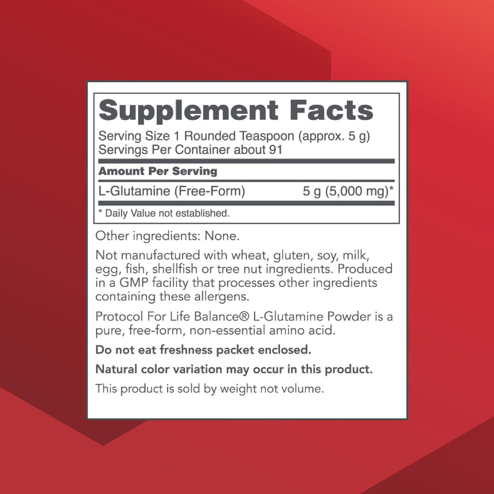 Protocol For Life Balance L-Glutamine powder scoop beside tub for convenient daily use.