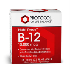 Protocol For Life Balance Nutri-Dose B-12 bottle pour for easy dosing and on-the-go energy.