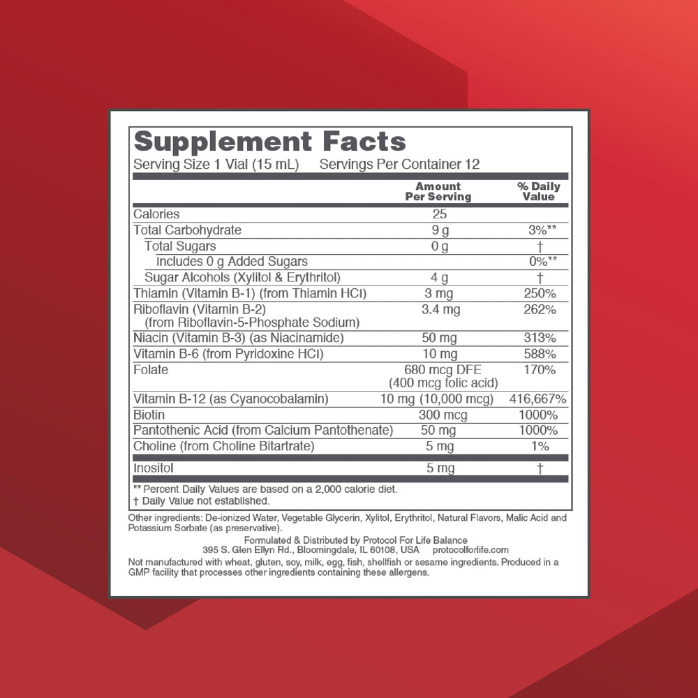 Protocol For Life Balance Nutri-Dose B-12 label closeup highlighting high potency formula.