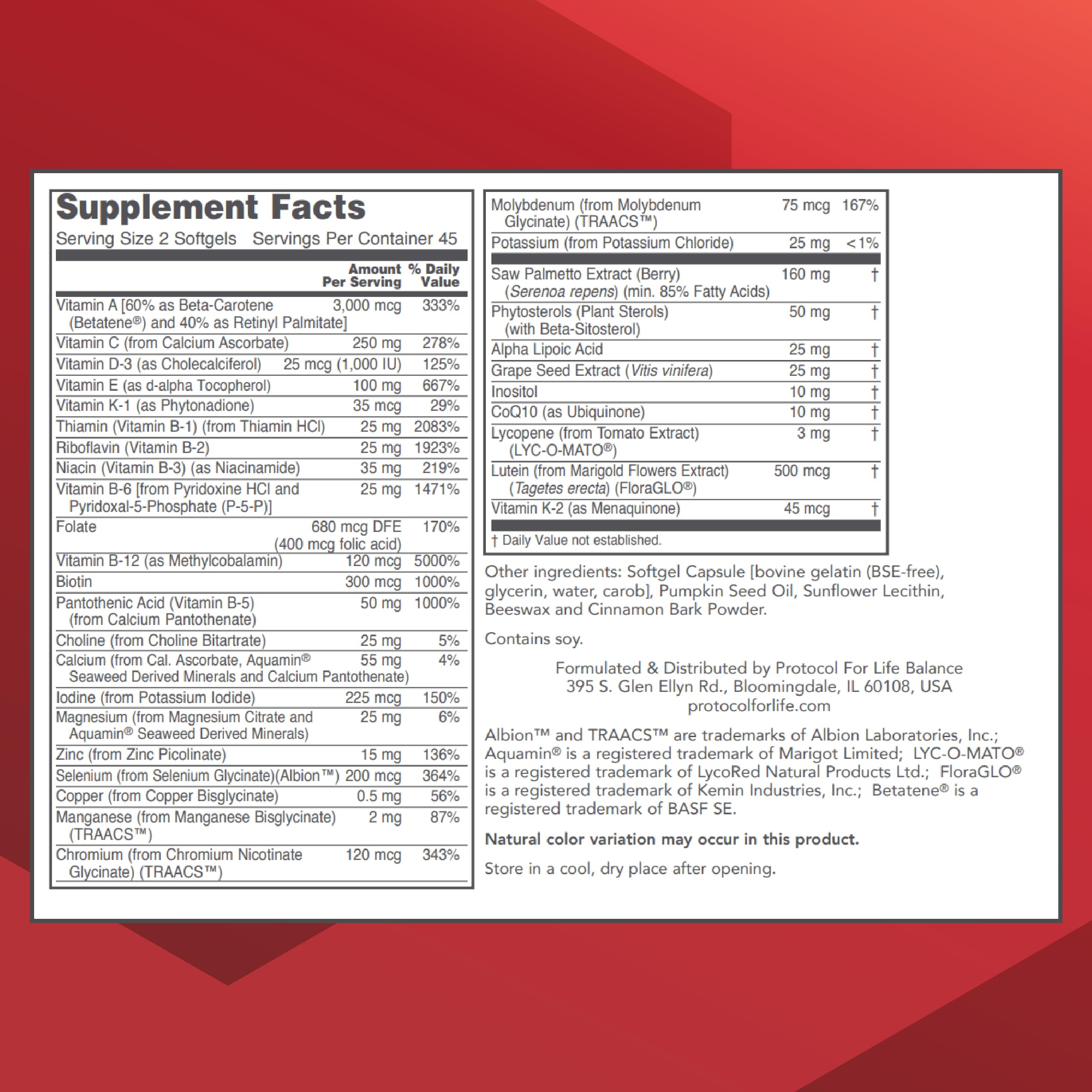 Close-up of the PROTOCOL FOR LIFE BALANCE Ortho Multi Softgels label.
