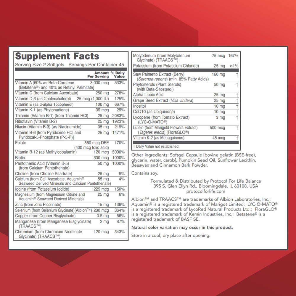 Close-up of the PROTOCOL FOR LIFE BALANCE Ortho Multi Softgels label.