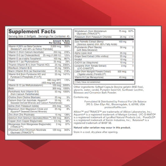 Close-up of the PROTOCOL FOR LIFE BALANCE Ortho Multi Softgels label.