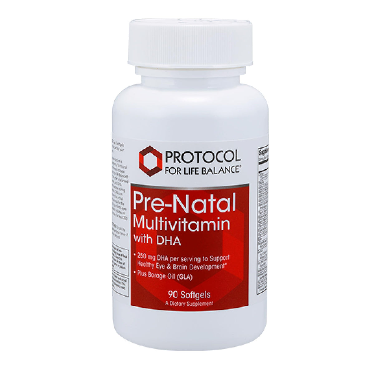 Protocol for Life Balance prenatal DHA softgels bottle highlighting DHA for fetal eye and brain support