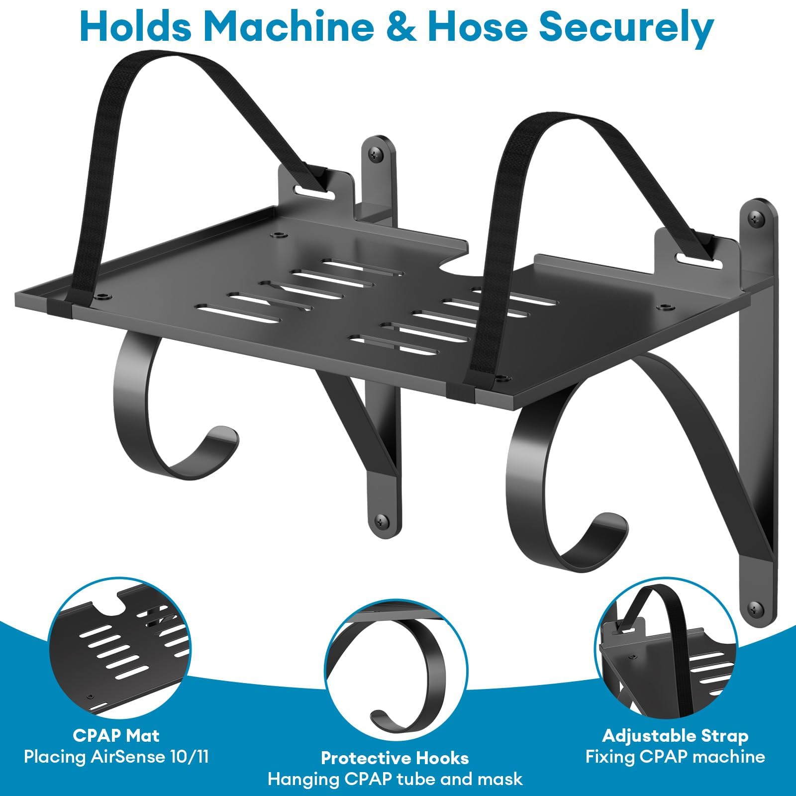 Mask hook on ProtoRack for easy bedside access during routines.