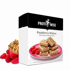 ProtiWise Raspberry wafers package showing five servings, perfect for on-the-go hunger control.