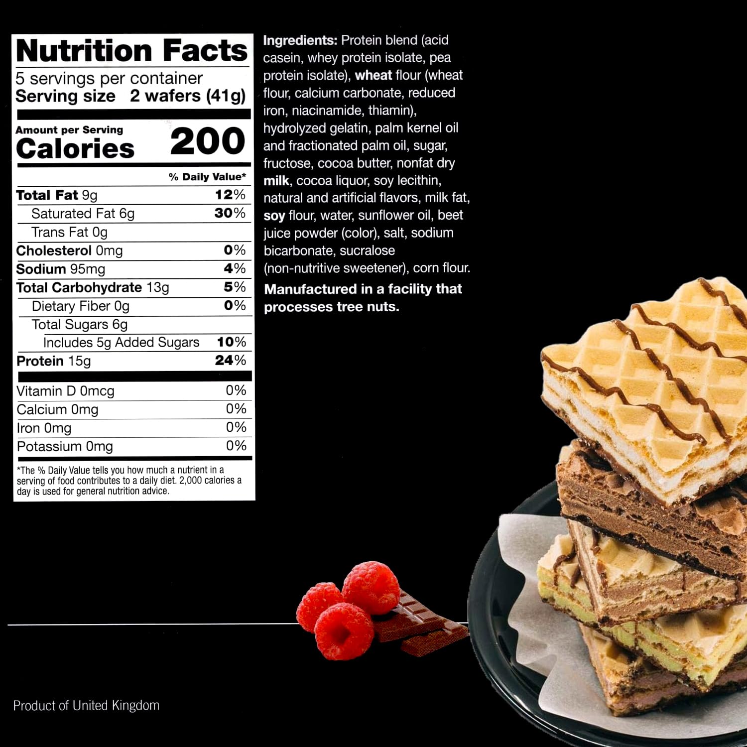 Cross-section of ProtiWise Raspberry protein wafers showing layered texture and fiber-rich crunch.