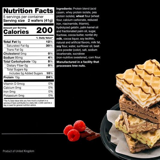 Cross-section of ProtiWise Raspberry protein wafers showing layered texture and fiber-rich crunch.