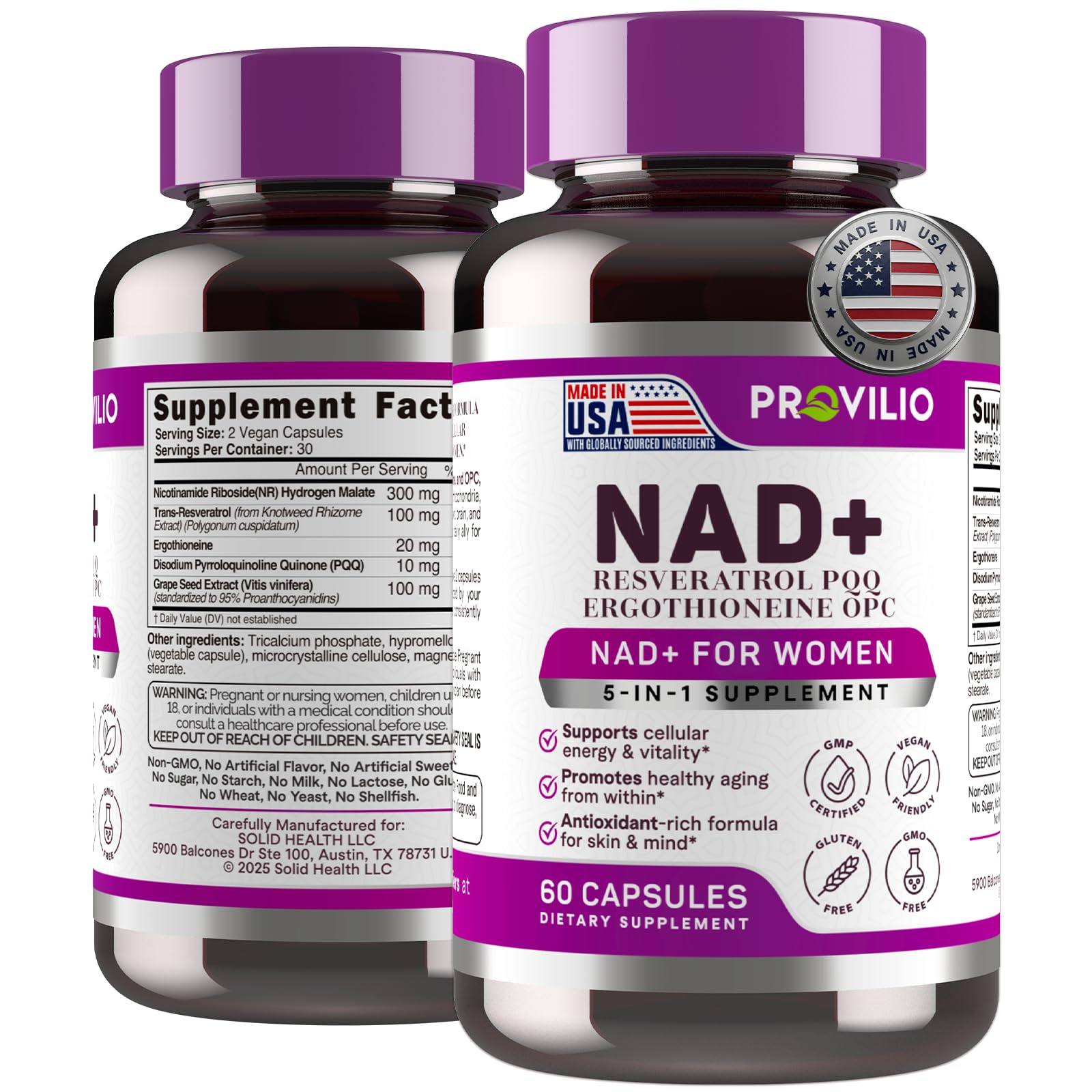 Provilio NAD+ supplement bottle for daily energy support.