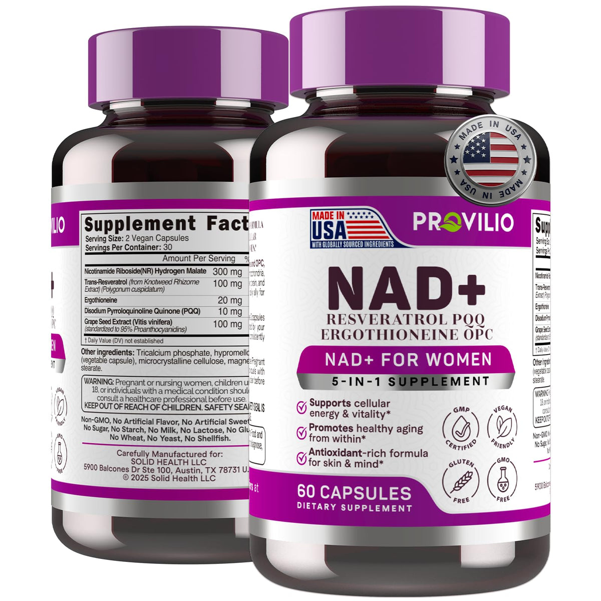 Provilio NAD+ supplement bottle for daily energy support.