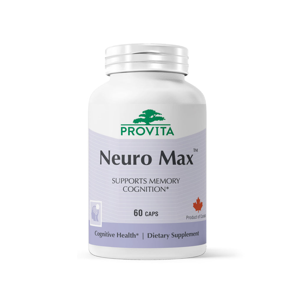 Provita Neuro Max bottle closeup highlighting daily cognitive support.