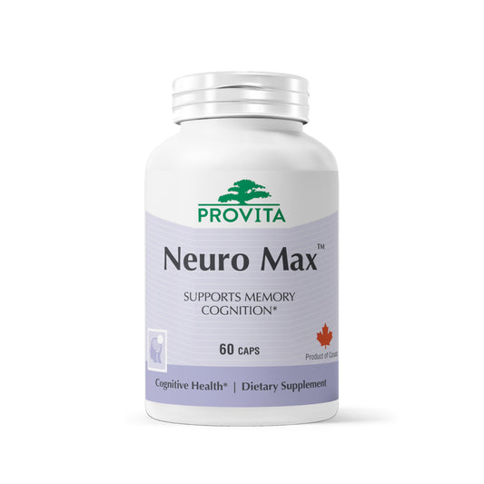 Provita Neuro Max bottle closeup highlighting daily cognitive support.