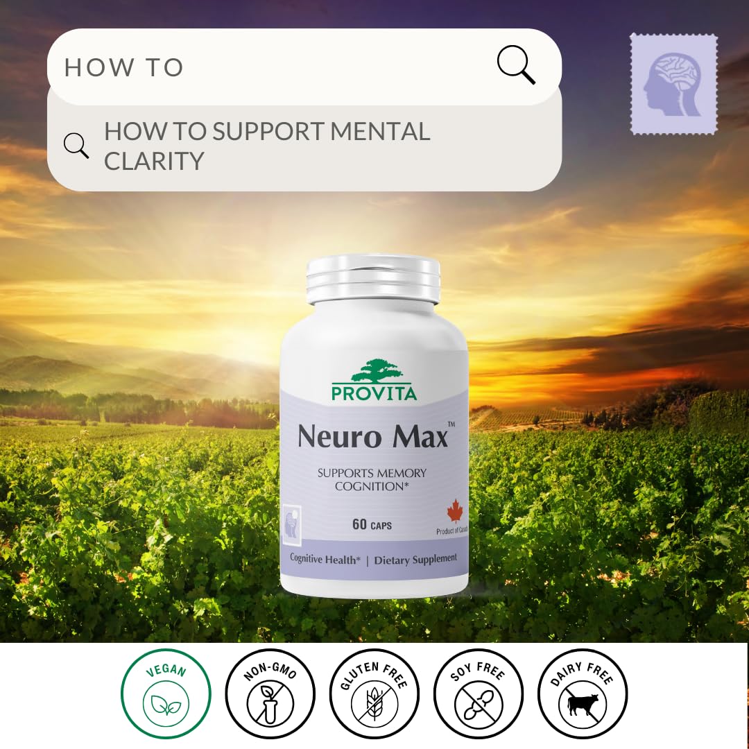 Provita Neuro Max capsules packaging shows vegan, non-GMO formula.