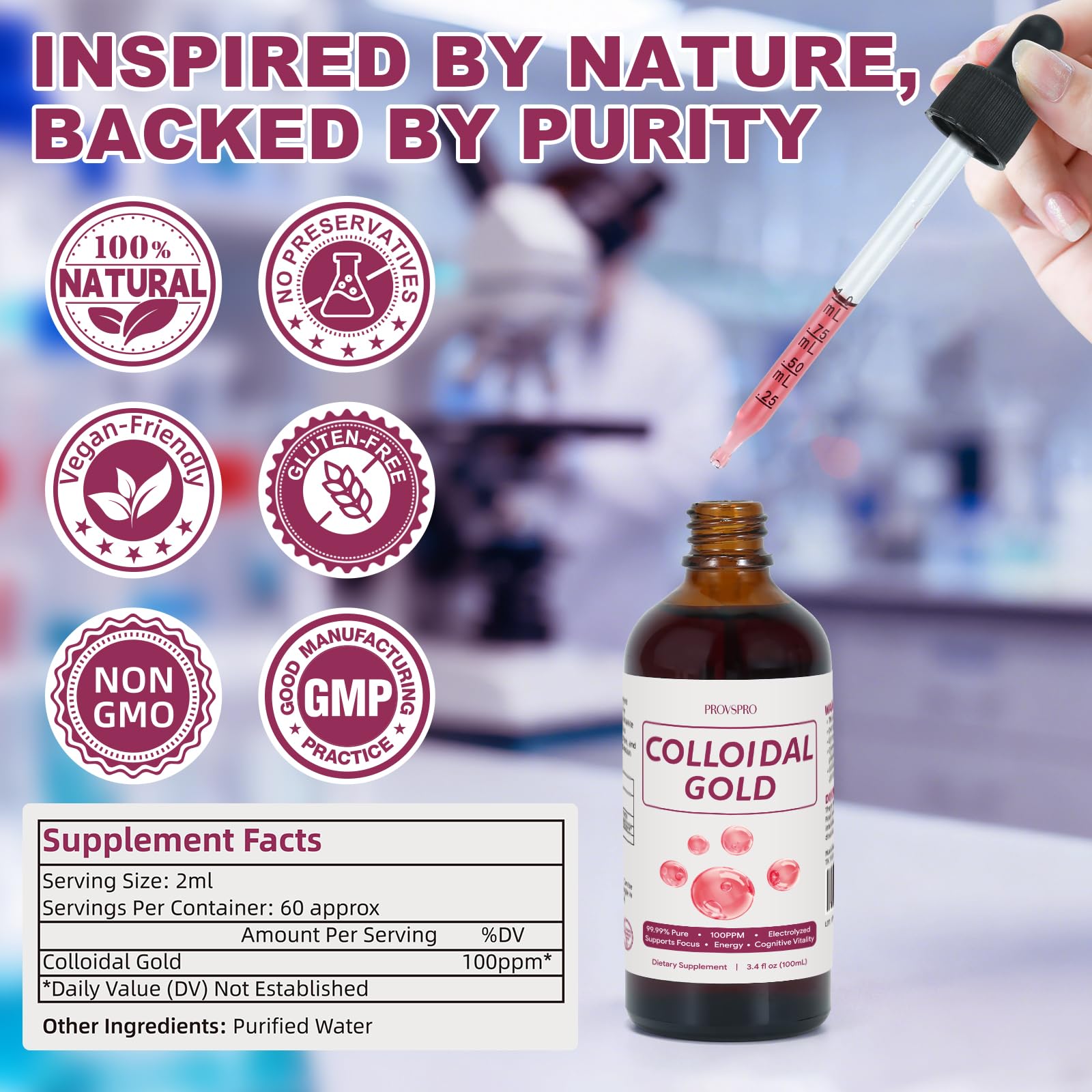 Provspro Colloidal Gold 24K dropper captures precise gentle daily use