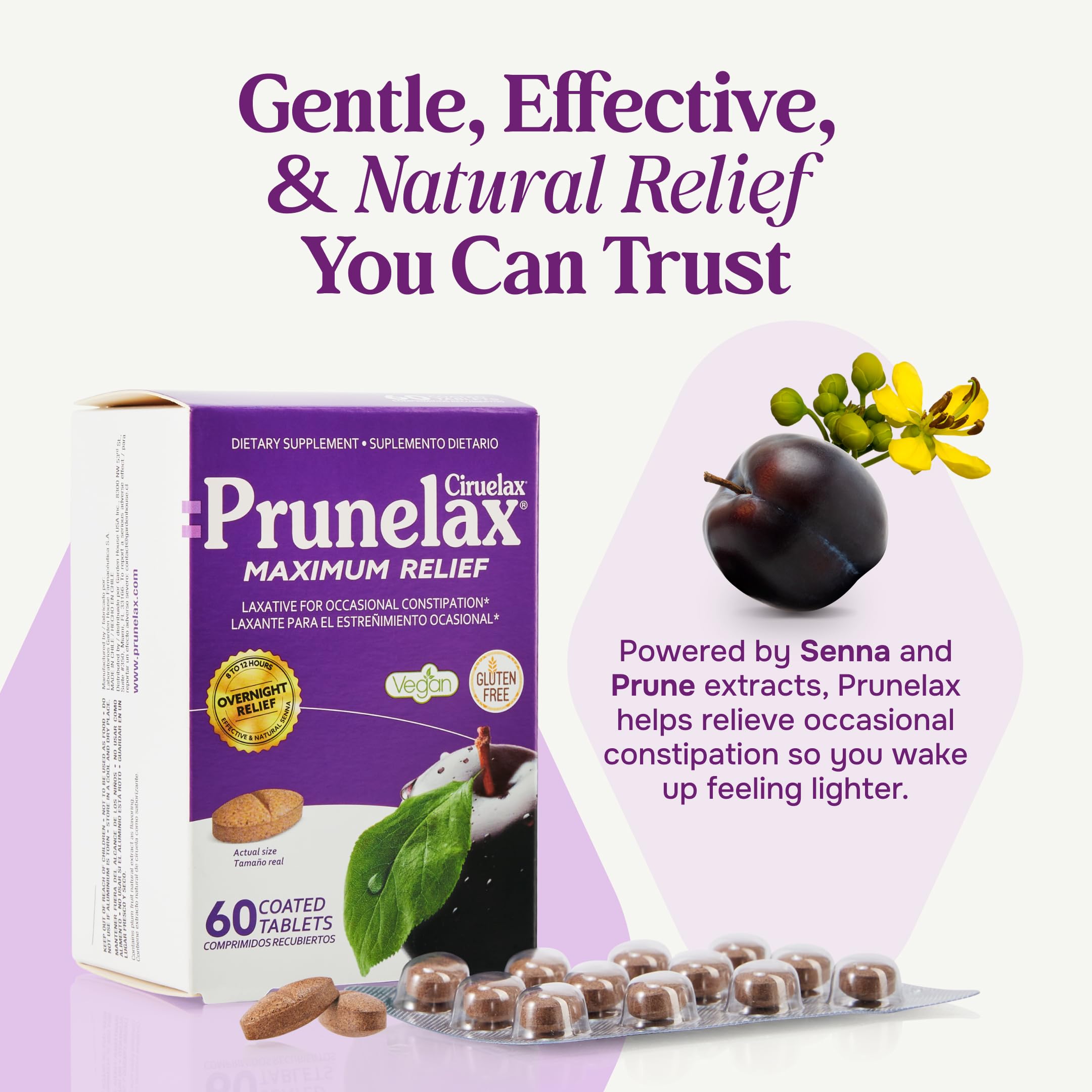 Prunelax Ciruelax bottle pictured beside a nightstand for bedtime dosing.
