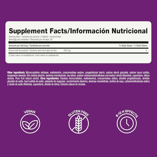Prunelax Ciruelax tablets close-up highlighting natural senna ingredient.