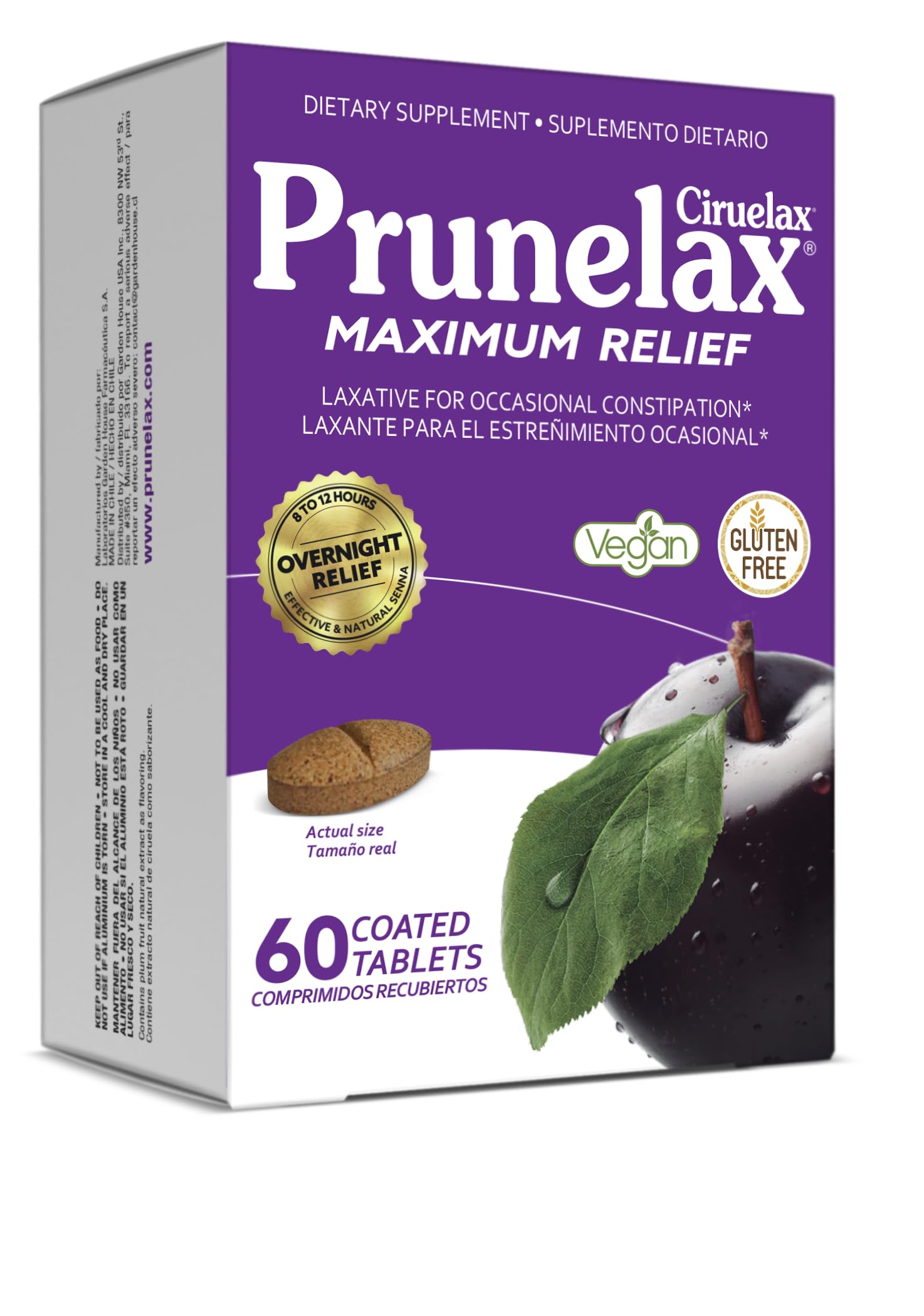 Prunelax packaging shows a 60-count box for convenient overnight relief.
