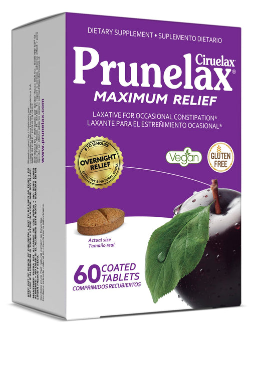Prunelax packaging shows a 60-count box for convenient overnight relief.