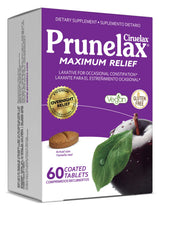 Prunelax packaging shows a 60-count box for convenient overnight relief.