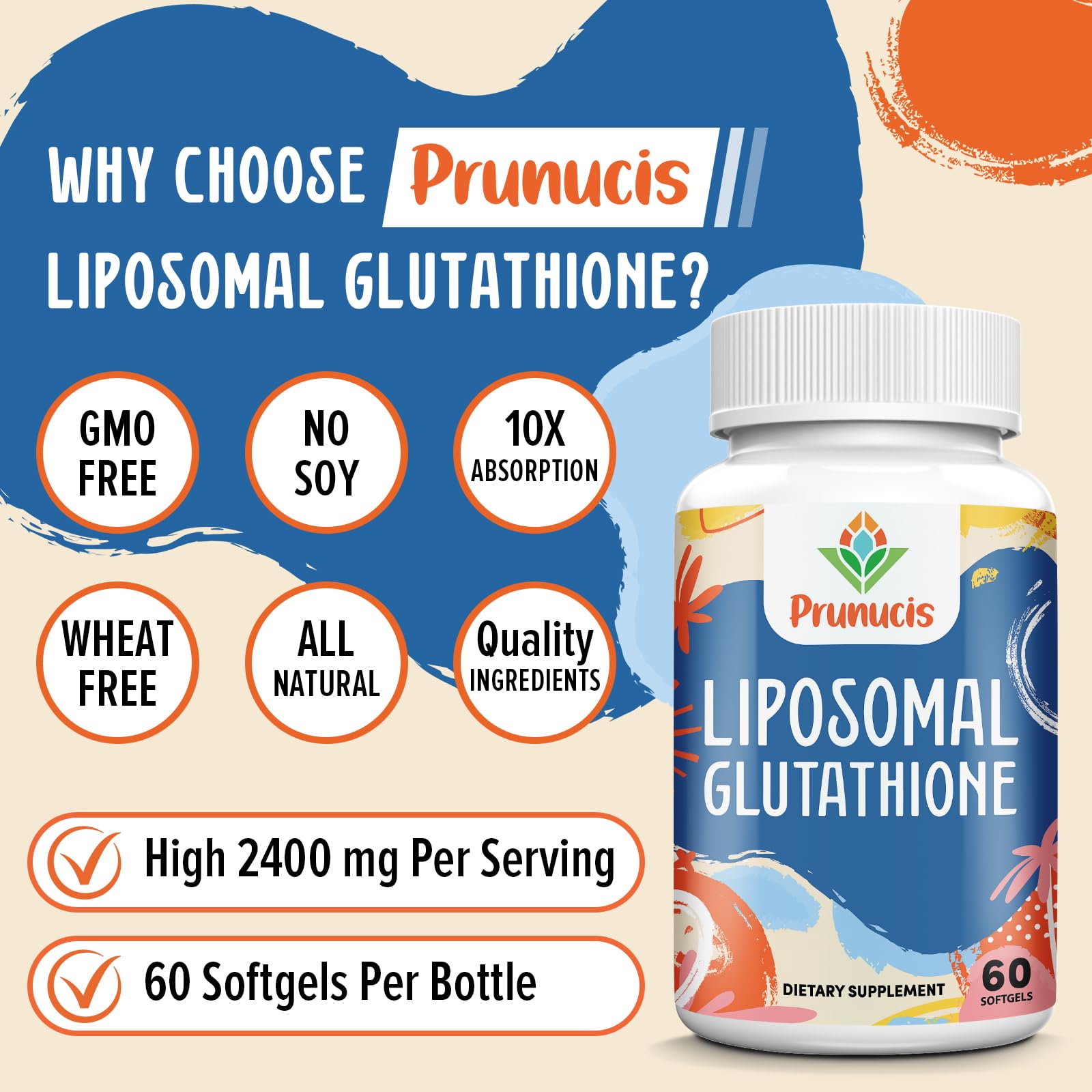 Prunucis glutathione with vitamin C ingredients label visible for antioxidant synergy