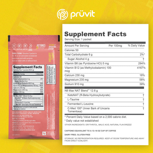 PRÜVIT Keto//OS NAT Heart Tart Charged packet dissolving in water for quick, flavorful hydration.