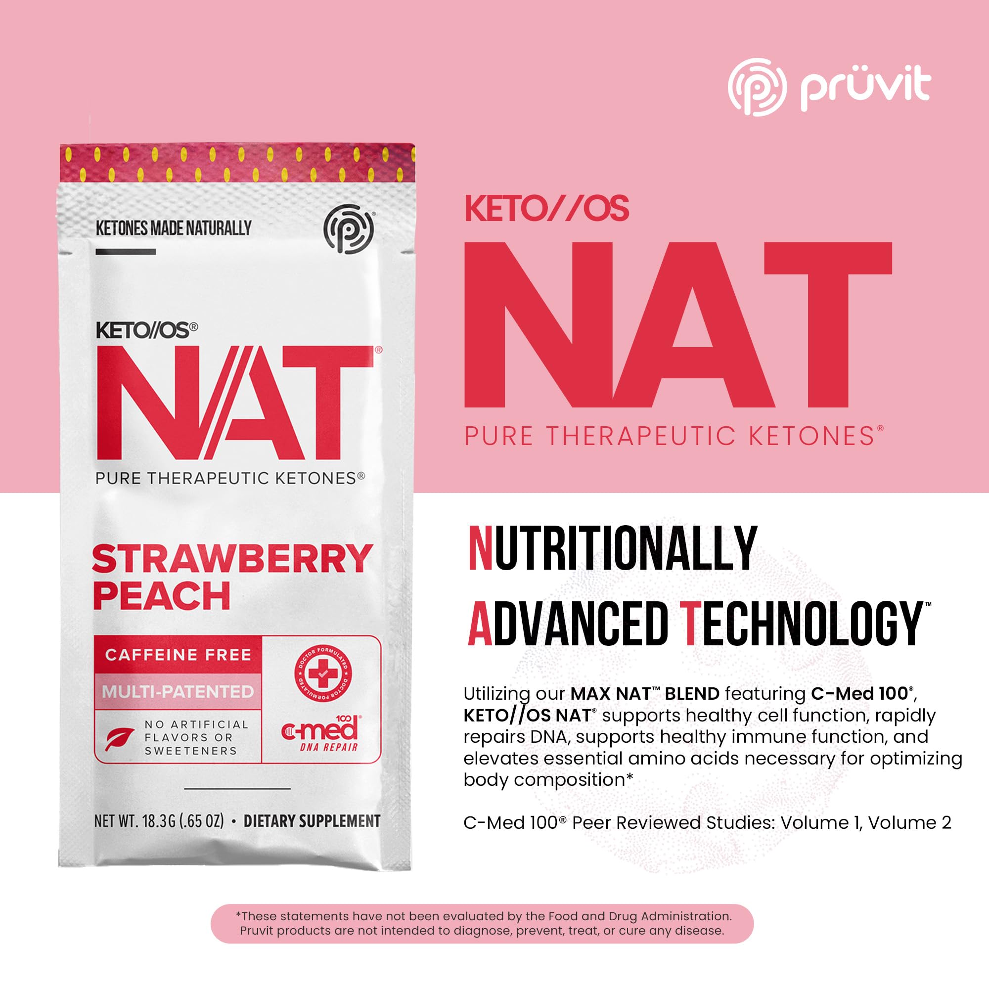 PRÜVIT OS NAT Strawberry Peach bottle label highlights caffeine-free keto formula