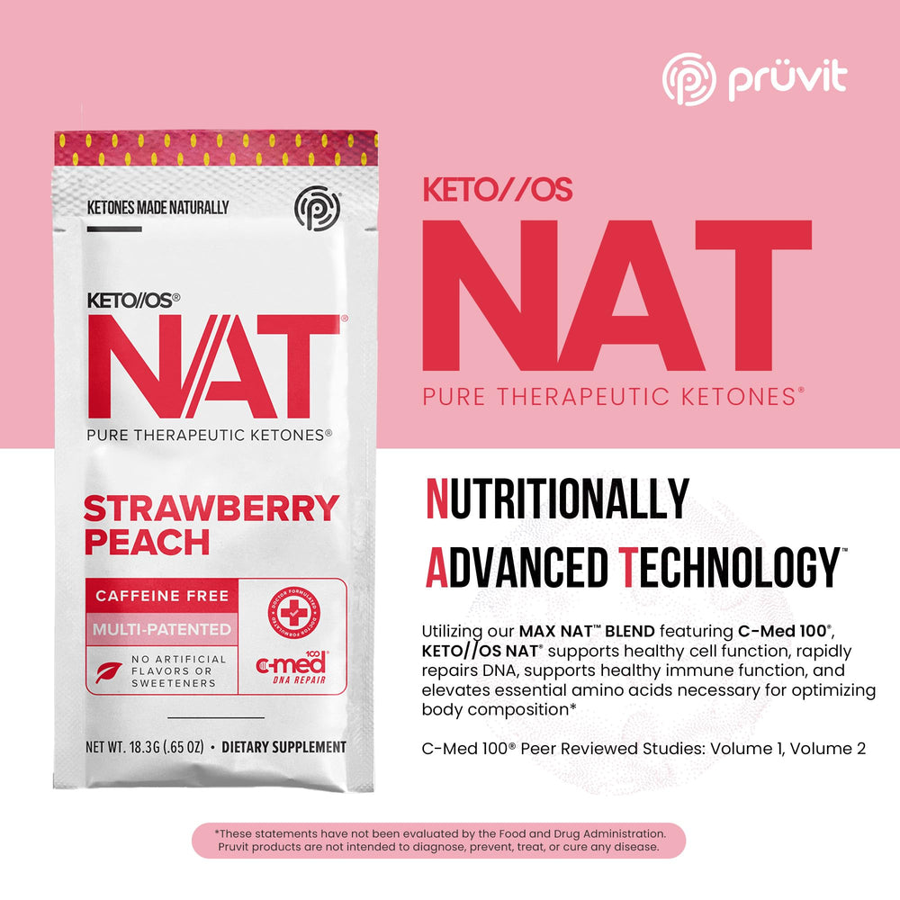 PRÜVIT OS NAT Strawberry Peach bottle label highlights caffeine-free keto formula
