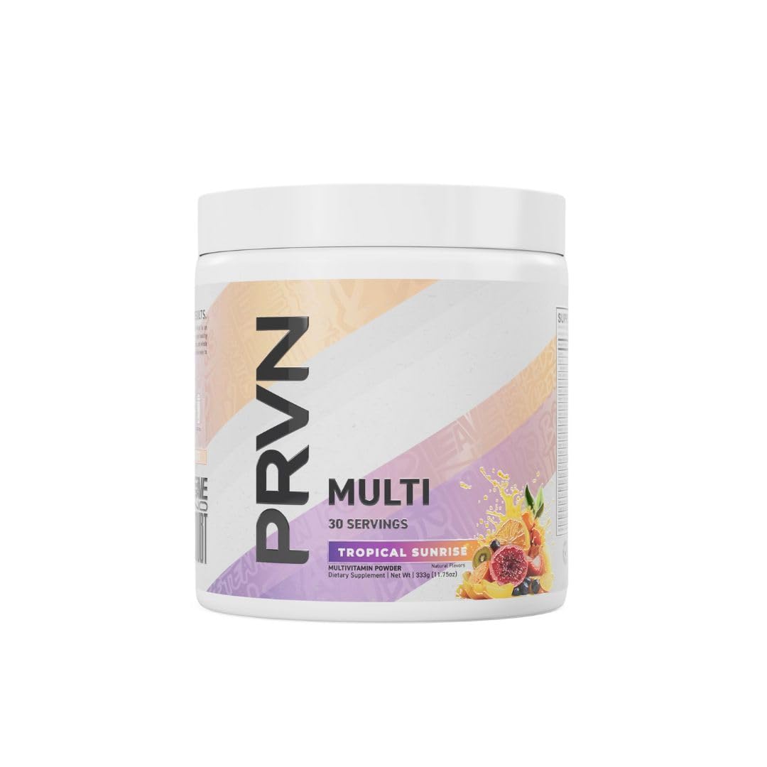 PRVN Performance Multi+ Green powder bottle shown, supporting daily energy and immune-friendly routine.