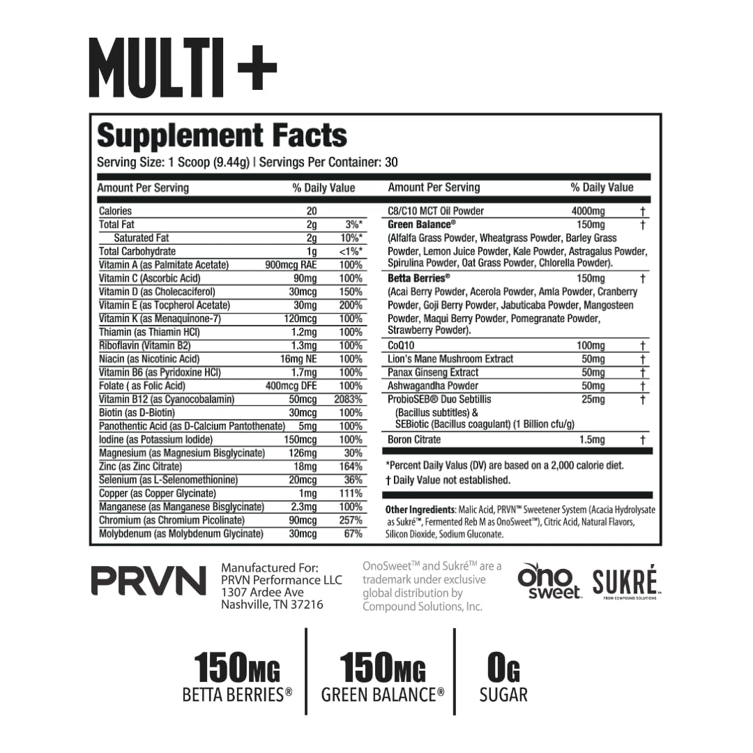 PRVN Performance Multi+ Green ingredients-label highlights Lion’s Mane, Ashwagandha, and probiotics.