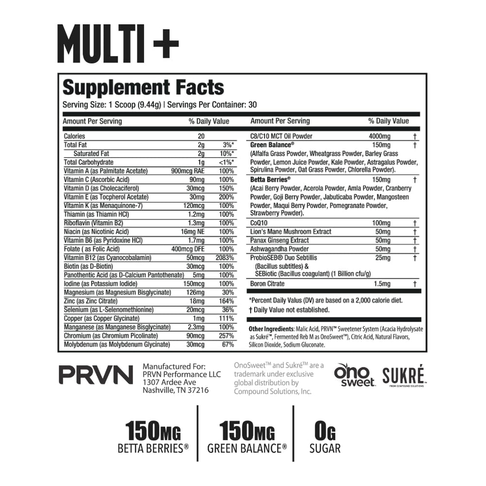 PRVN Performance Multi+ Green ingredients-label highlights Lion’s Mane, Ashwagandha, and probiotics.