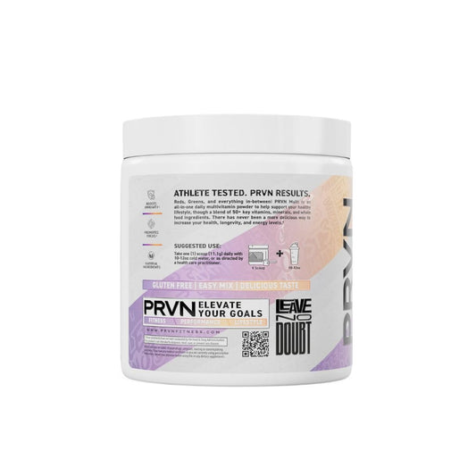 PRVN Performance Multi+ Green powder scoop displayed for easy daily measurement.