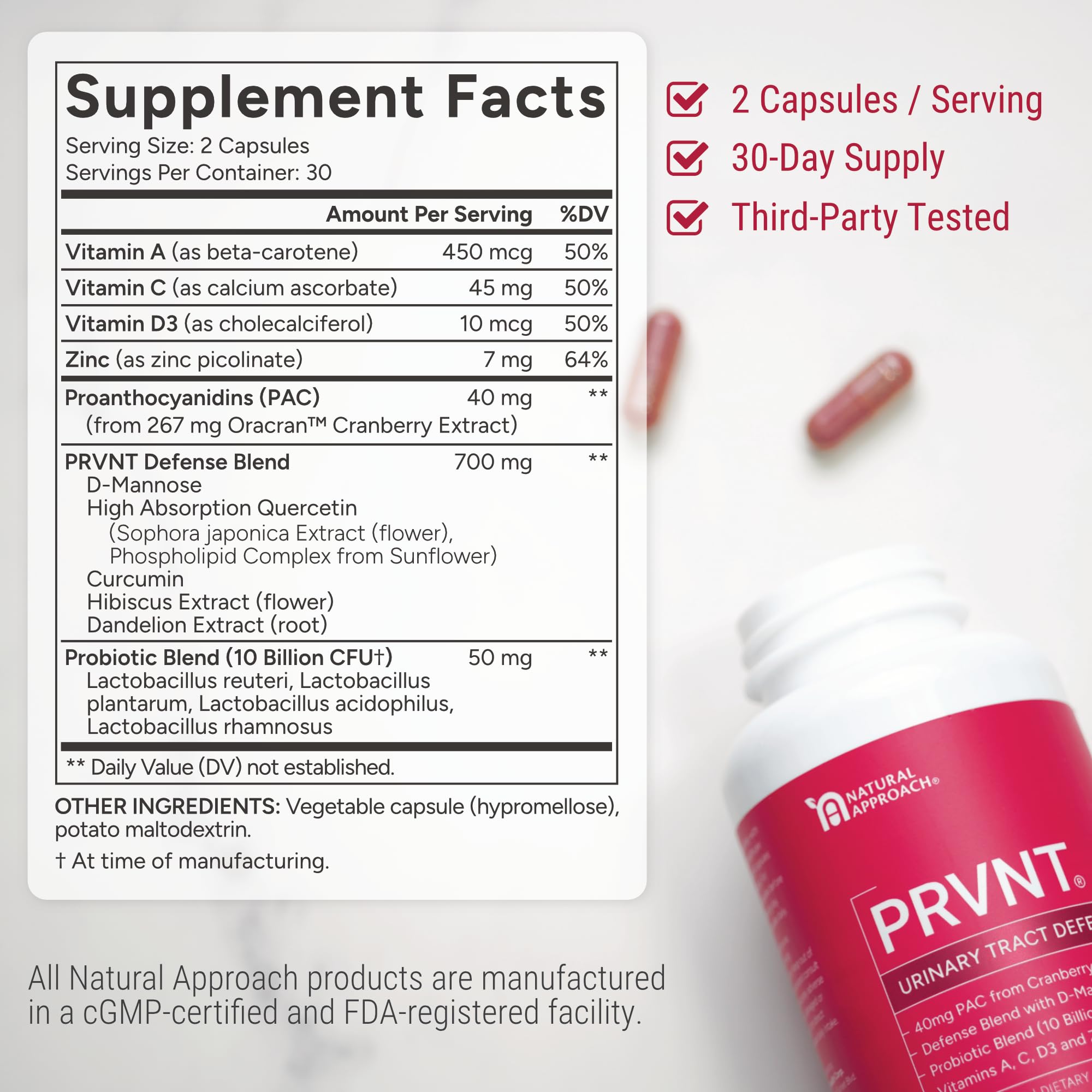 Close-up of PRVNT Urinary Tract Defense capsules for daily urinary wellness