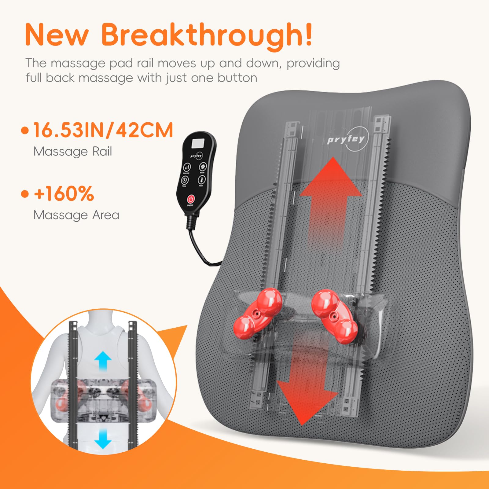 Pryfey slim-back massager fits in car seats for on-the-go relief.