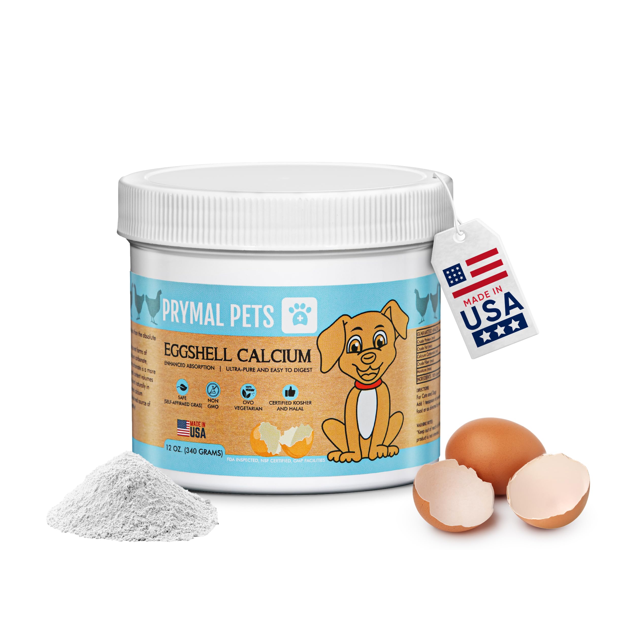 Prymal Pets EggsShell Calcium bottle pour supports daily bone health for cats and dogs.
