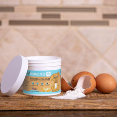 Prymal Pets EggsShell Calcium pet food mix blends easily into meals for pets.