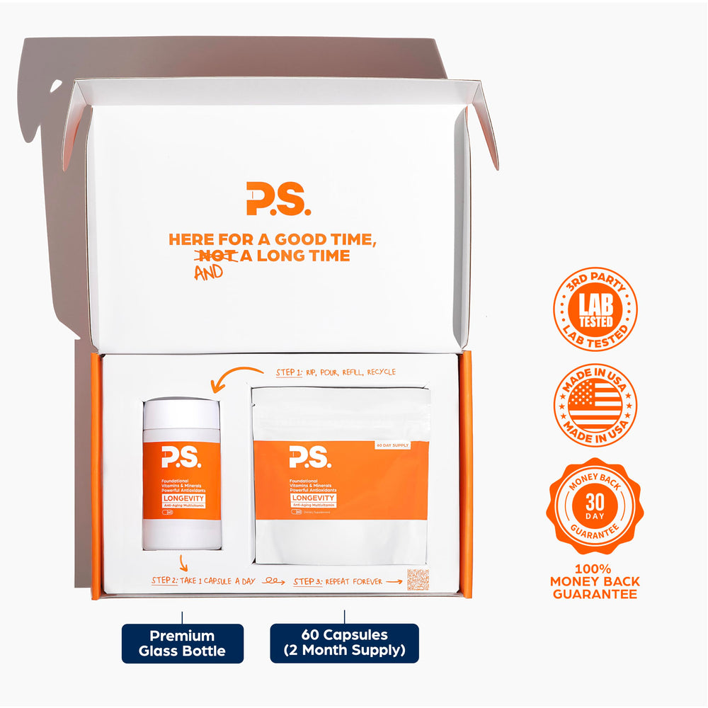 PS Longevity resveratrol graphic illustrates polyphenol-rich vitality potential.