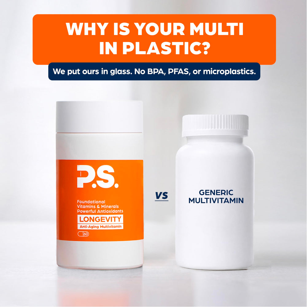 PS Longevity urolithin-A focus image emphasizes plant-derived antioxidant support.