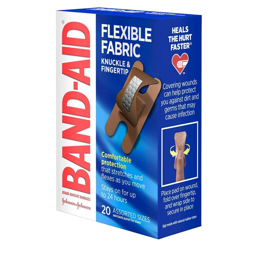 PS Medical BAND-AID flexible fabric knuckle and fingertip bandages cushion wounds for comfortable protection.