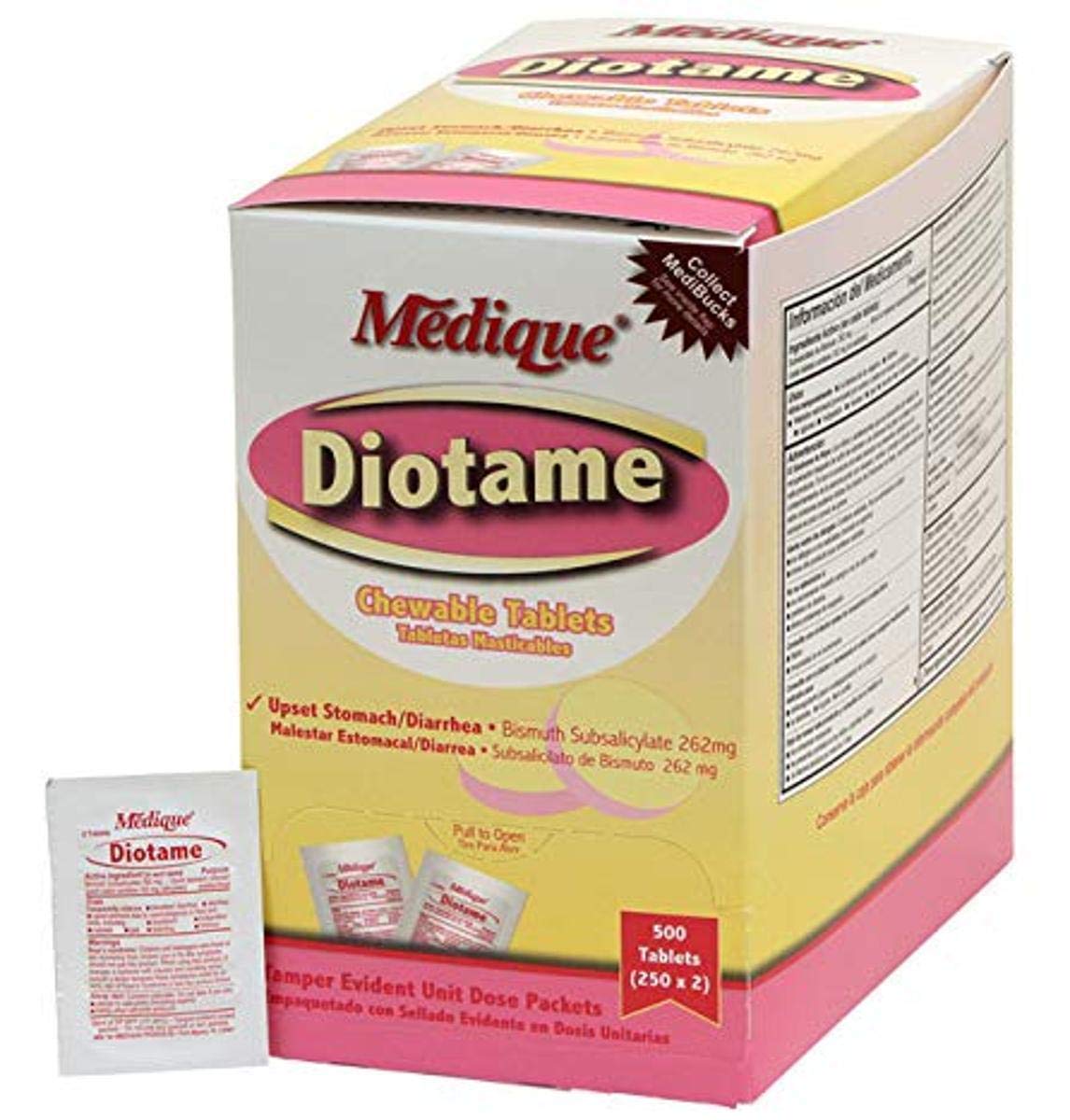 PS Medical Medique Diotame chewable in a tamper-evident foil packet for convenient GI relief