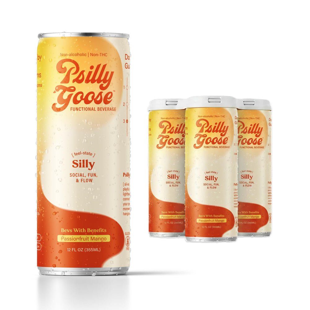 Psilly Goose passionfruit mango bottle for a non-alcoholic social lift.